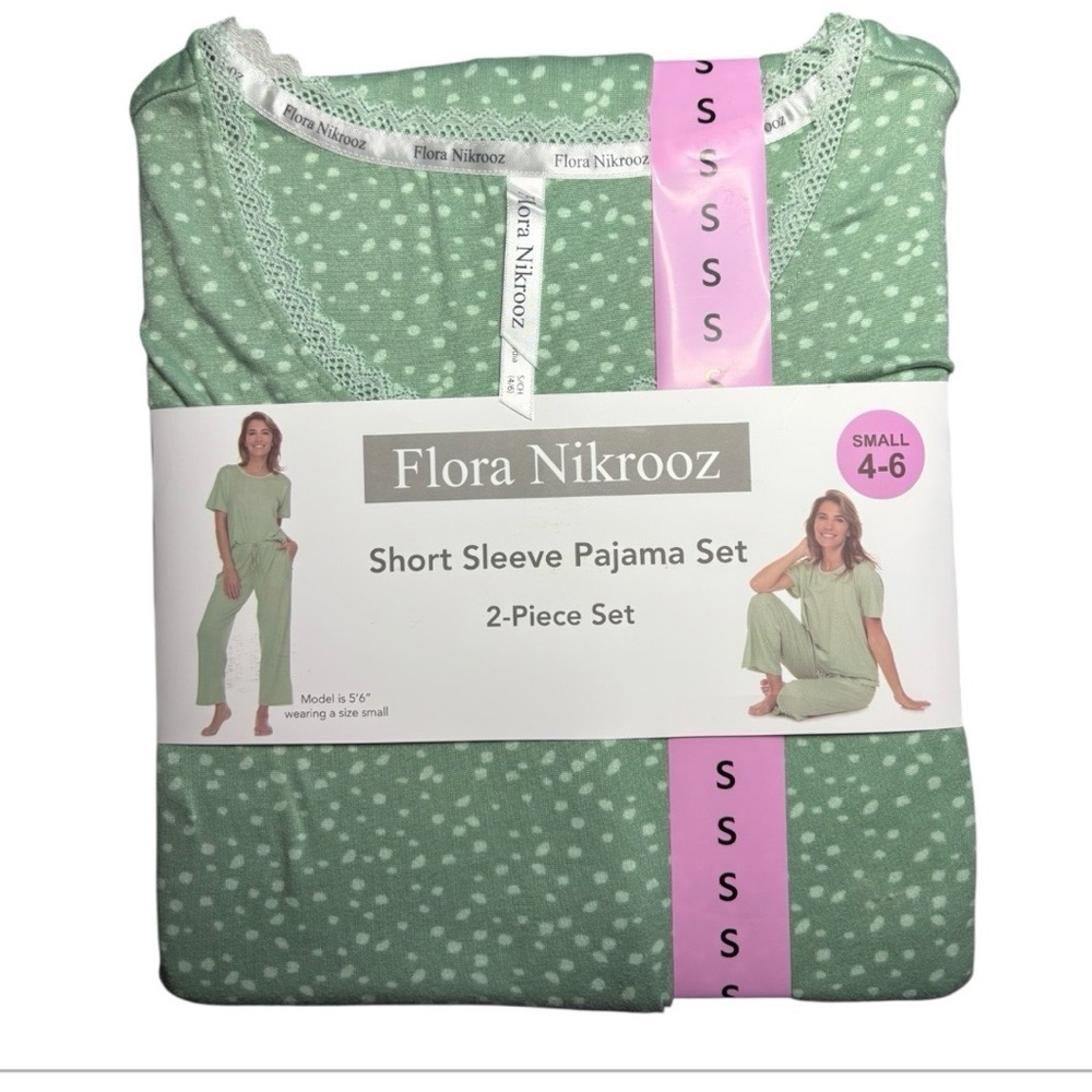 Flora Nikrooz Women Knit Green/Light Green Dot Short Sleeve Pajama Set Pockets 😍